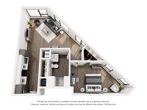 A 3D floor plan of a house with a kitchen, living room, and two bedrooms.